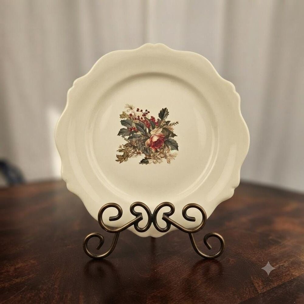 Vintage Upcycled Christmas Rose Decorative Plate Holiday Decor Scalloped Dish